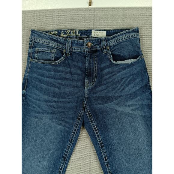 T.K. Axel Slim Boot Jeans Mens 34X31 Blue Embroidered Flaps Western Thick Stitch - Picture 6 of 15